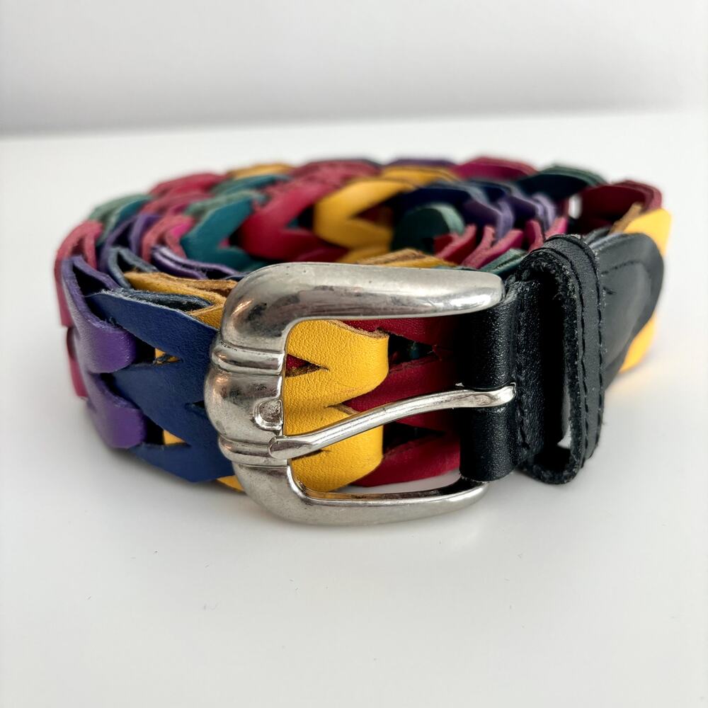 Vintage Rainbow Leather Belt 34" Multicolor Retro Woven 1980s 1990s Unisex M - Picture 3 of 8